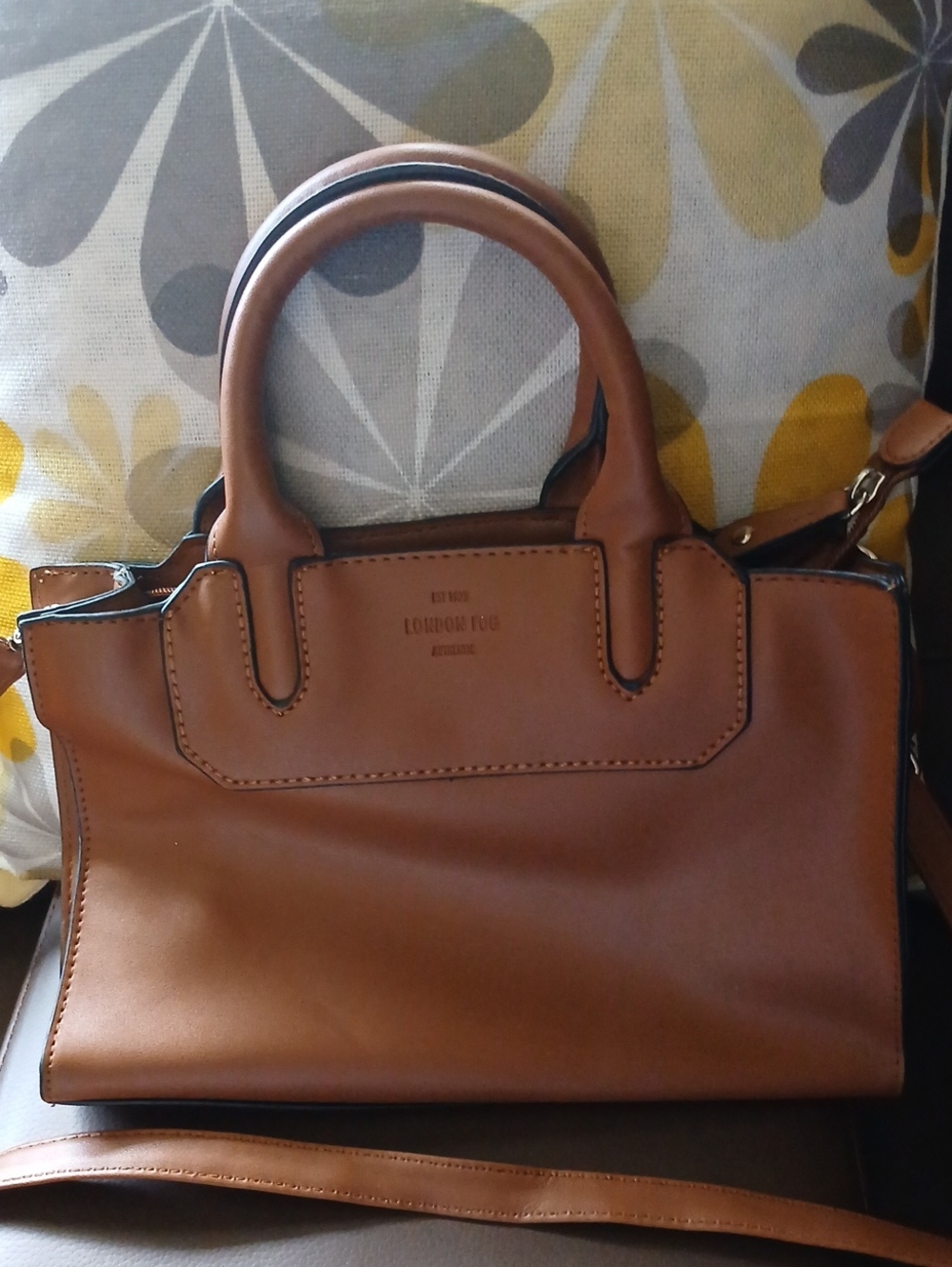 London Fog Cognac Leather Satchel with Top Handles